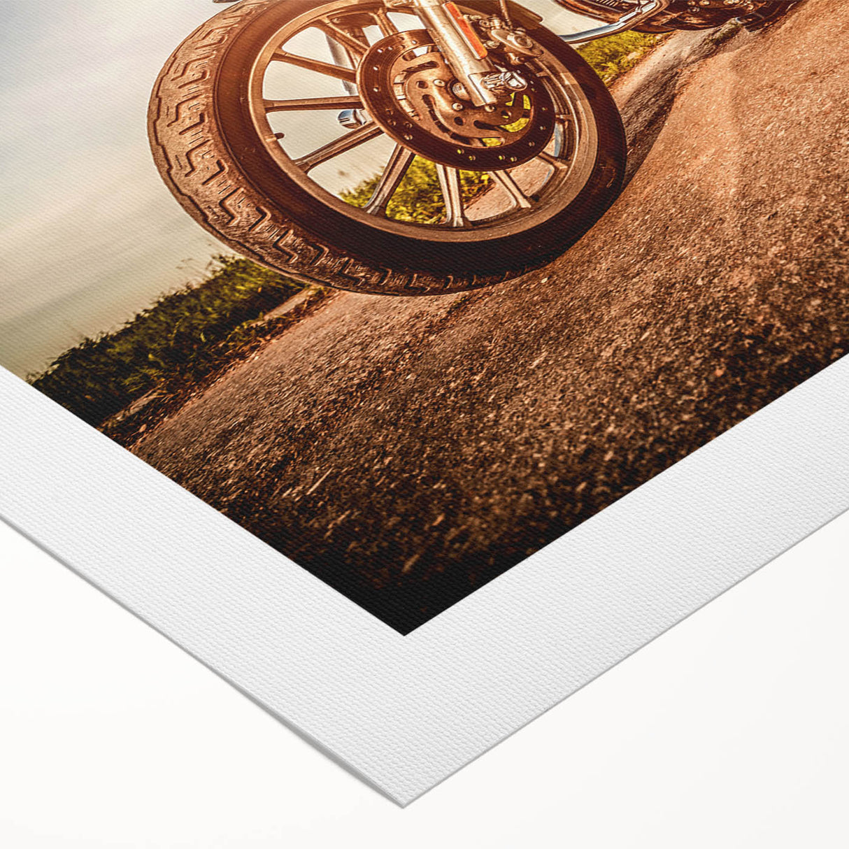Art deco poster featuring a vintage motorcycle, rendered in muted browns and grays on rolled canvas.