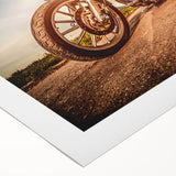 Art deco poster featuring a vintage motorcycle, rendered in muted browns and grays on rolled canvas.