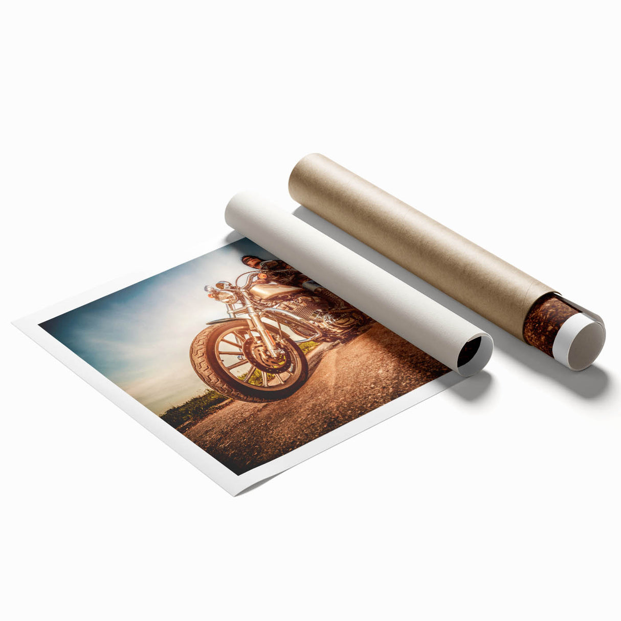 Extra large rolled print of a vintage motorcycle in muted gray tones, suitable for classy bathroom wall art.