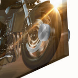 Large abstract motorcycle art in mid-century modernist style on acrylic glass, featuring bold orange and black tones.