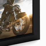 Close-up of a large framed canvas featuring a black motorcycle with vibrant, textured color details.
