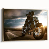 Vintage poster art of a motorcycle in black and gold tones on framed canvas, ideal for bedroom wall decor.