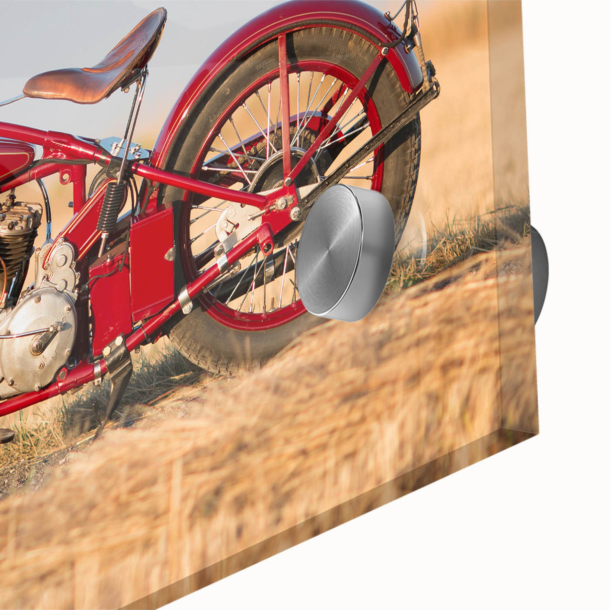 Large abstract wall art featuring a mid-century modernist motorcycle design in muted gray tones on acrylic.