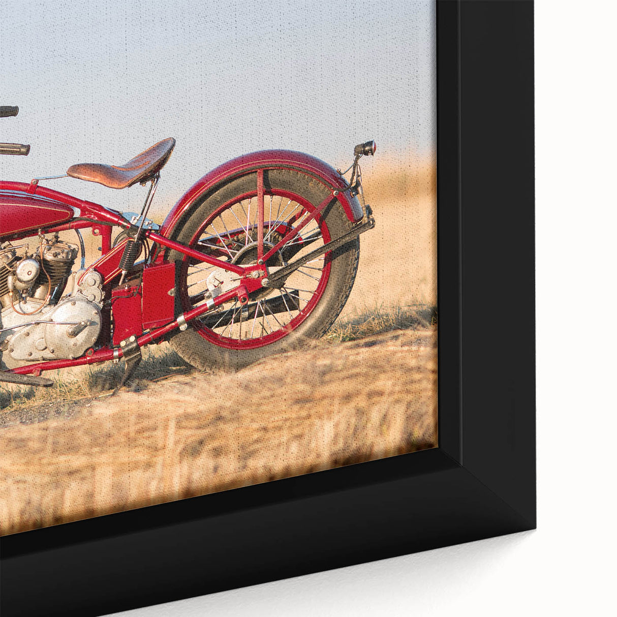 Extra large framed canvas featuring a black textured motorcycle, accented with vibrant colors, ideal for living room decor.