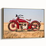 Side view of a vintage motorcycle in gold and black tones on a framed canvas, suitable for bedroom wall decor.