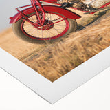 Art deco poster of a vintage motorcycle in monochrome shades on rolled canvas, suitable for dining room wall art.