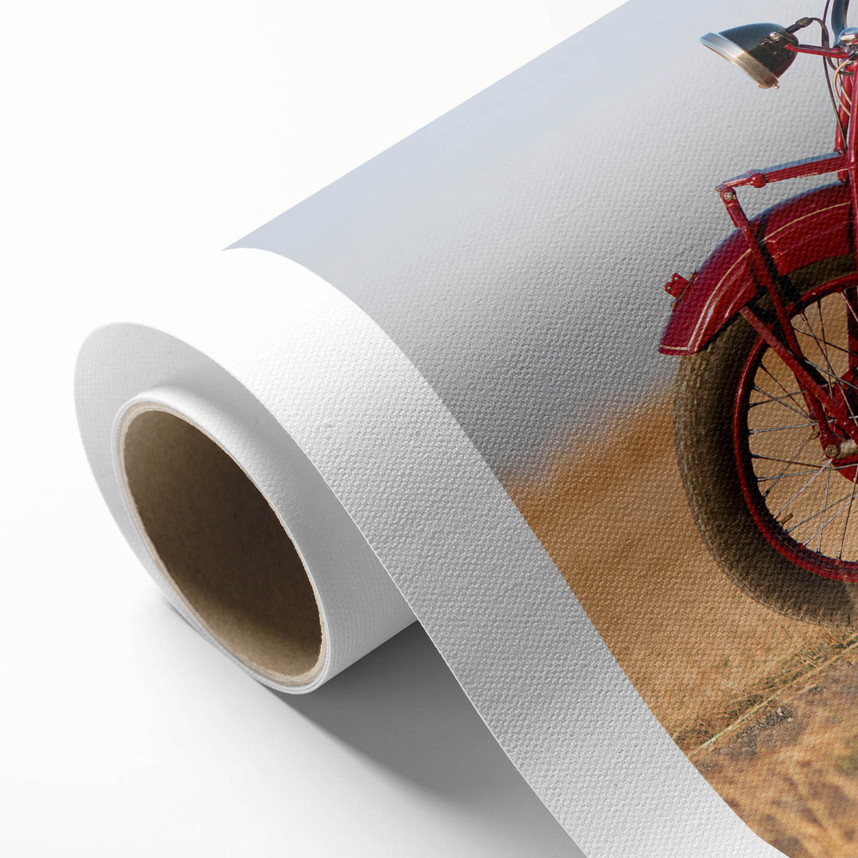Art deco poster of a vintage motorcycle, in muted gray and silver tones on rolled canvas, ideal for nursery wall art.