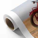 Art deco poster of a vintage motorcycle, in muted gray and silver tones on rolled canvas, ideal for nursery wall art.