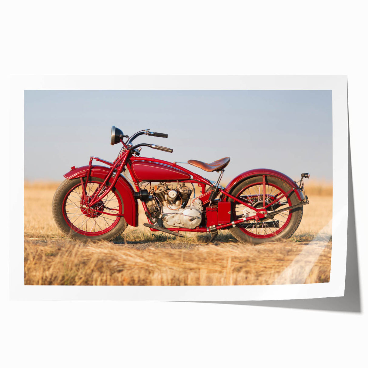 Rolled print of a vintage motorcycle in muted sepia tones, suitable for art wall dining room.