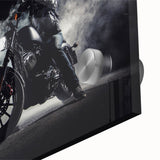 Mid-century modernist style motorcycle print in muted colors on acrylic, suitable for dining room art.