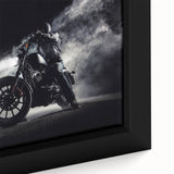Extra large framed canvas featuring a textured, colorful art depiction of a motorcycle on a black background.