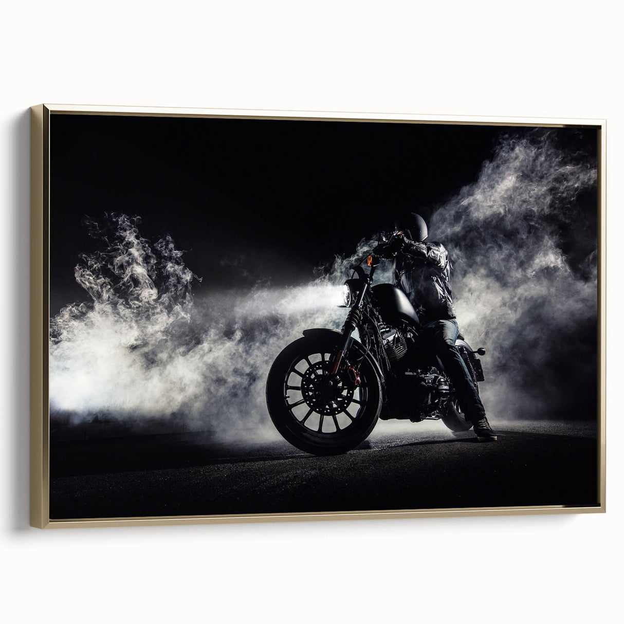 Side view of a vintage motorcycle in black and gold on a framed canvas, suitable for bedroom wall decor.