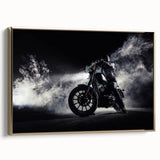 Side view of a vintage motorcycle in black and gold on a framed canvas, suitable for bedroom wall decor.