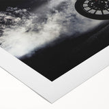 Art deco poster of a vintage motorcycle in monochrome, printed on rolled canvas, suitable for dining room or bathroom decor.