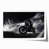 Black and white photo of a motorcycle on rolled print, suited for art wall dining room or large bathroom wall decor.