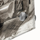 Large abstract wall art featuring a mid-century modernist motorcycle design in monochrome tones on acrylic glass.