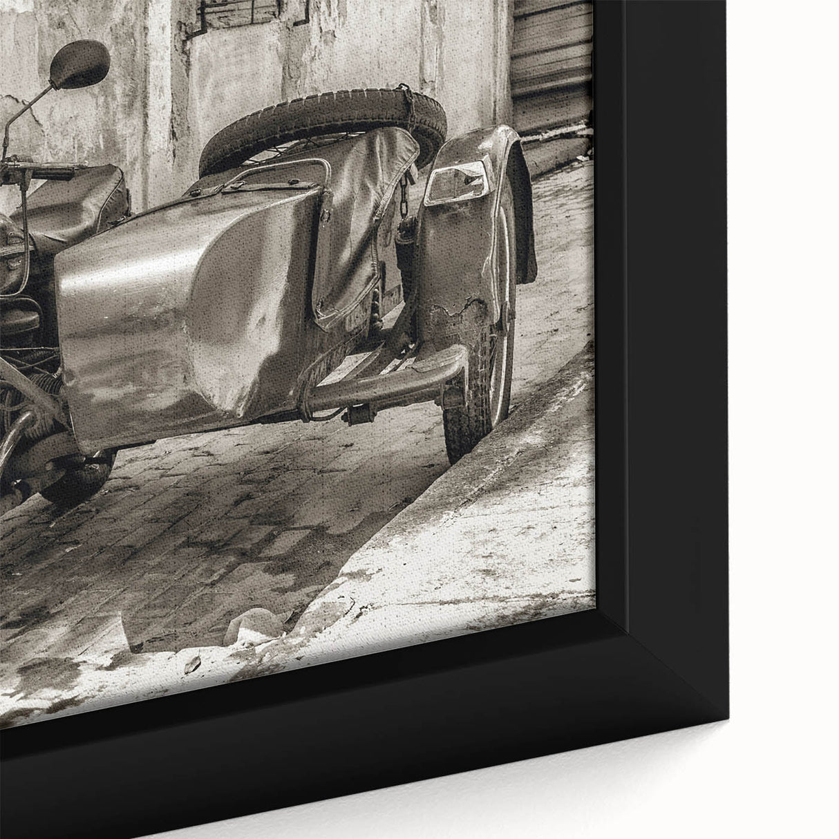 Extra large framed canvas featuring a close-up of a black motorcycle, accented with colorful, textured art details.