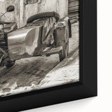 Extra large framed canvas featuring a close-up of a black motorcycle, accented with colorful, textured art details.