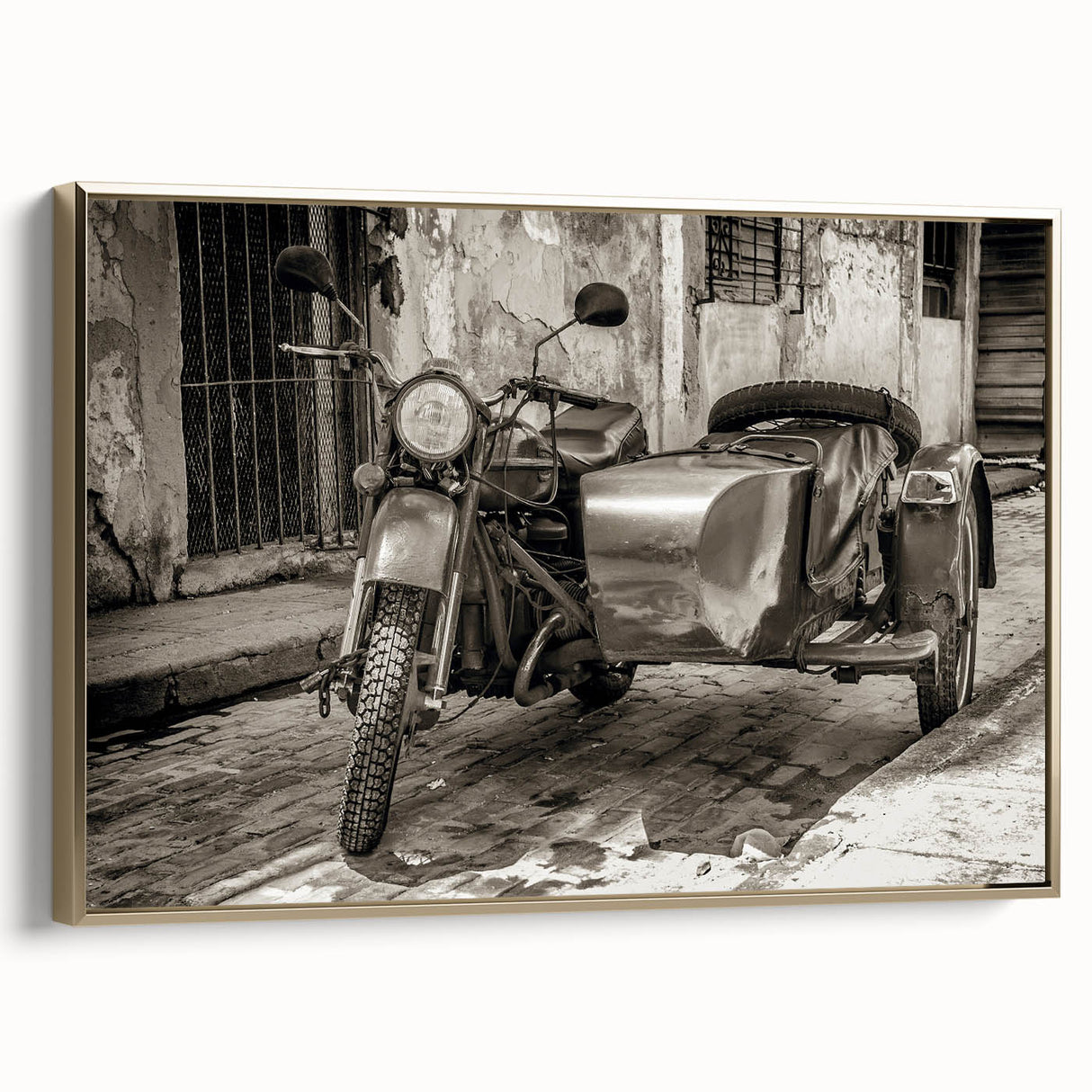Vintage poster art of a motorcycle in black and gold on a framed canvas, ideal for bedroom wall decor.