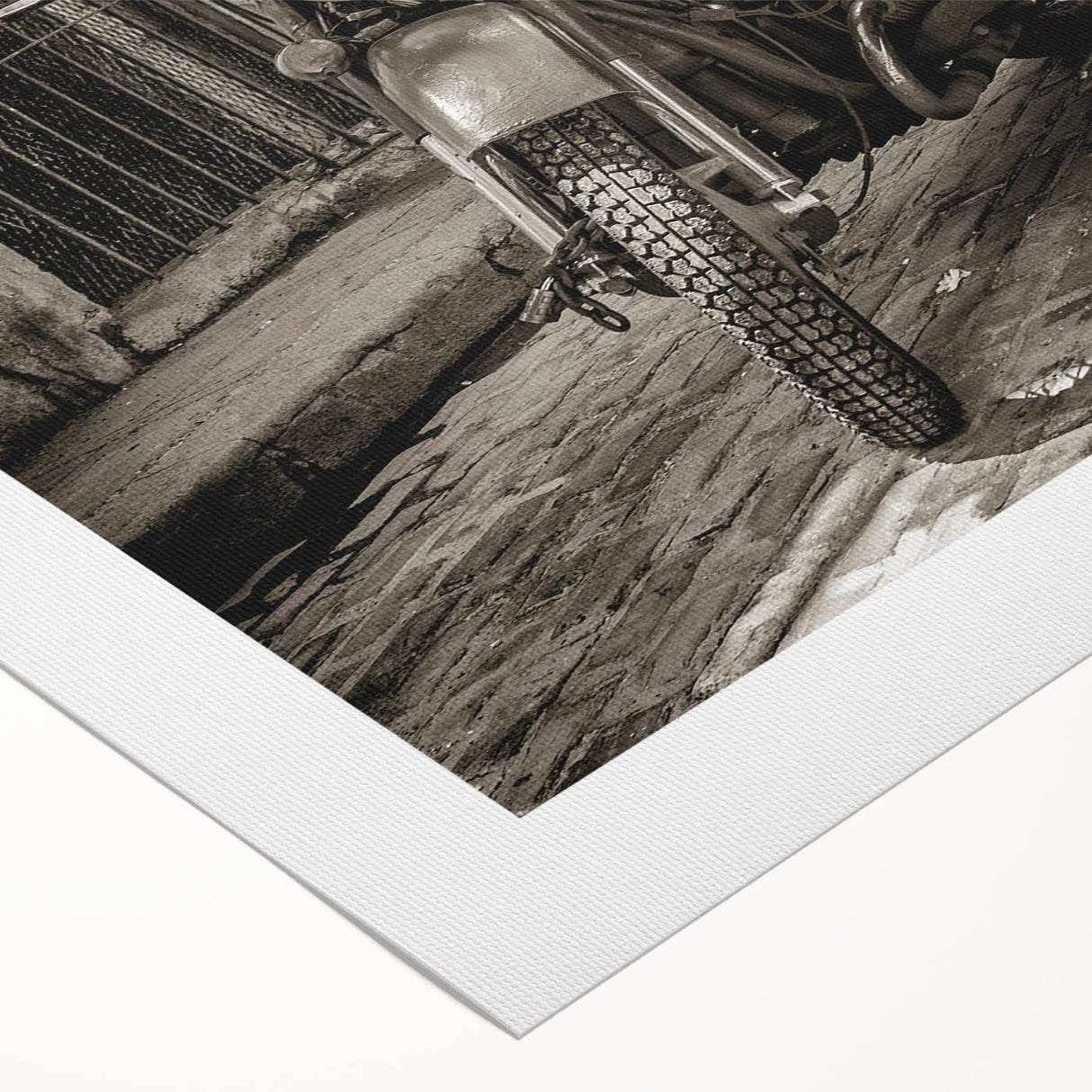 Art deco poster featuring a vintage motorcycle, rendered in monochrome shades, on rolled canvas.