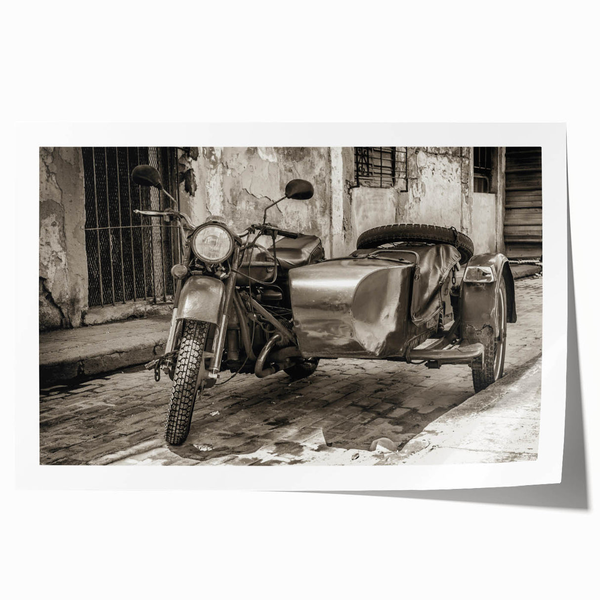 Extra large rolled print featuring a detailed motorcycle design on a muted color background.