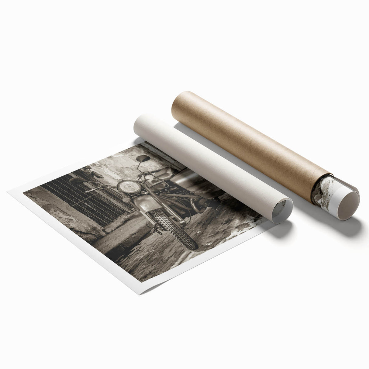 Extra large rolled print of a vintage motorcycle on a muted gray background, suitable for classy bathroom wall art.