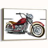Vintage poster art of a gold motorcycle on a black background, framed canvas, suitable for bedroom wall decor.