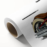 Art deco style motorcycle illustration in monochrome on rolled canvas, suitable for nursery wall art or dining room decor.