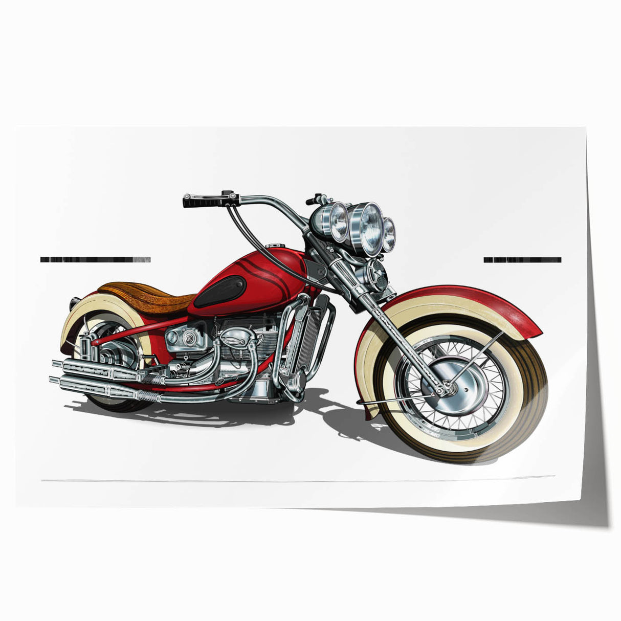 Monochrome motorcycle sketch on rolled print, ideal for art wall dining room.