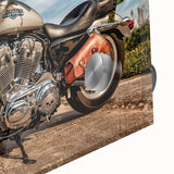 Acrylic print of a large abstract motorcycle design in mid-century modernist style, in monochrome shades.