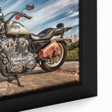 Extra large black wall art featuring a colorful, textured depiction of a motorcycle on a framed canvas.