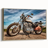 Vintage poster art of a gold motorcycle on a black background, framed canvas, ideal for bedroom wall decor.