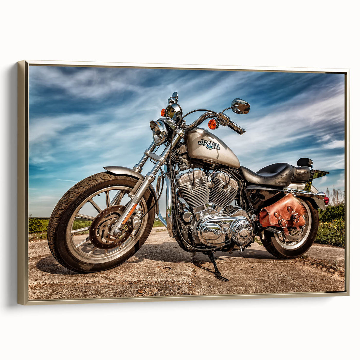 Side view of a gold motorcycle on a white background, framed canvas in mid-century modernist style.