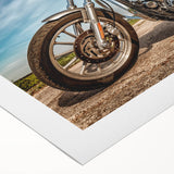 Art deco poster featuring a vintage motorcycle, in monochrome shades, on rolled canvas, suitable for dining room decor.