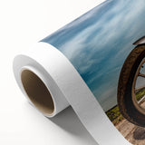 Art deco style motorcycle illustration in black and white on rolled canvas.