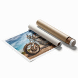 Extra large rolled print featuring a vintage motorcycle, rendered in muted gray tones, ideal for classy bathroom wall art.