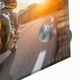 Mid-century modernist style large abstract motorcycle art print on acrylic glass, featuring cool gray and metallic tones.