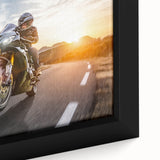Extra large framed canvas featuring a close-up of a black motorcycle with colorful, textured art details.