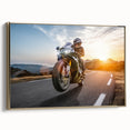 Side view of a vintage motorcycle in black and gold on a framed canvas, suitable for bedroom wall decor.