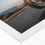 Art deco poster of a vintage motorcycle in monochrome, printed on rolled canvas, suitable for dining room or bathroom.