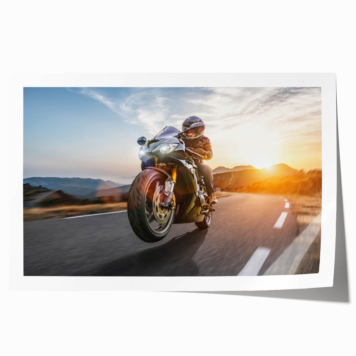 Extra large rolled print of a vintage motorcycle in muted metallic tones, suitable for art wall dining room or bathroom.