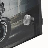 Large abstract wall art featuring a mid-century modernist motorcycle design in vibrant colors on acrylic glass.