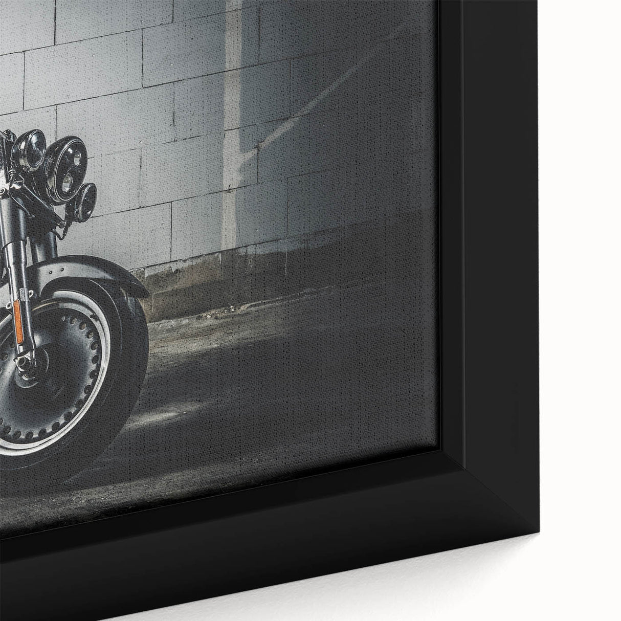 Extra large black wall art featuring a colorful, textured depiction of a motorcycle on a framed canvas.