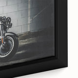 Extra large black wall art featuring a colorful, textured depiction of a motorcycle on a framed canvas.