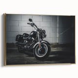 Framed canvas depicting a vintage motorcycle in black and gold, ideal for bedroom wall art.