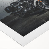Art deco poster of a vintage motorcycle in monochrome shades, printed on rolled canvas, suitable for dining room decor.