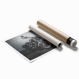 Extra large rolled print of a vintage motorcycle on a muted gray background, suitable for classy bathroom wall art.