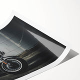 Extra large wall art featuring a line art motorcycle design in black and white, printed on rolled canvas.