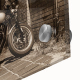 Acrylic print of a large abstract motorcycle design in black and white.