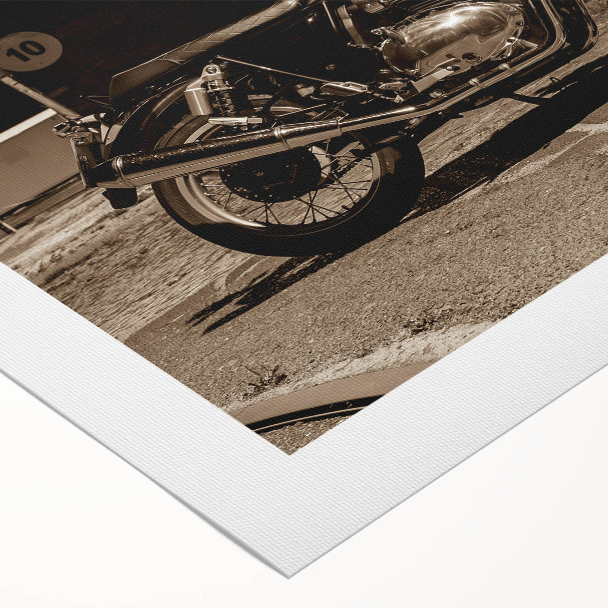 Art deco poster featuring a vintage motorcycle in monochrome shades on rolled canvas, suitable for dining room or bathroom.